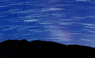 Blue sky, star trails, night, nature, silhouette