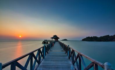 Wooden bridge, pier, sunset, beach