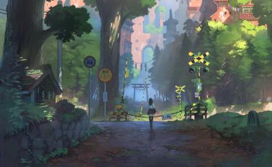 Anime girl, railway crossing, landscape
