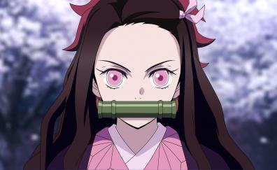 Angry Kamado Nezuko, pink eyes, anime girl