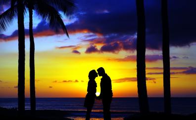 Kiss, couple, sunset, beach, silhouette, art