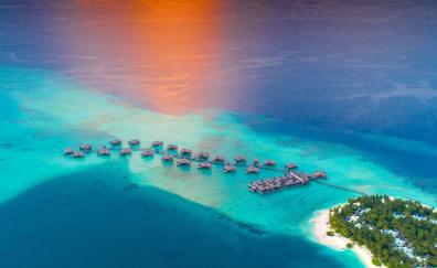Sunset, aerial view, tropical island, resort, huts