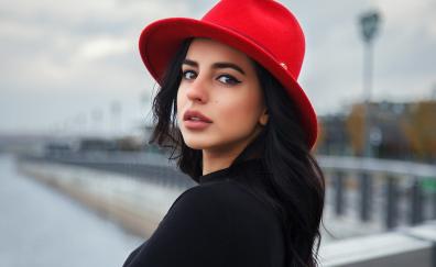 Girl model, beautiful, long hair, red hat