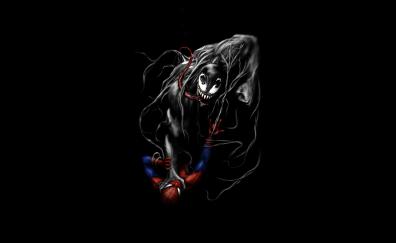 Venom and spider-man, fight, black and dark, minimal, art
