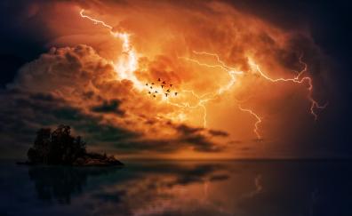 Thunderstorm, clouds, birds, sky, lightning, flight