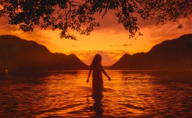 Lake, sunset, outdoor, silhouette, girl