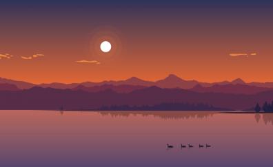 Lake, sunset, mountains, silhouette, minimal