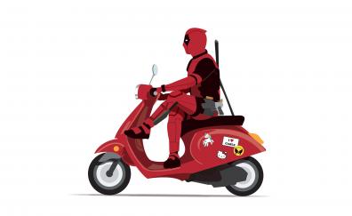 Marvel, Deadpool on scooter, minimal, superhero, funny, art