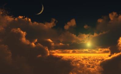Sunset, clouds, moon, sky, digital, render