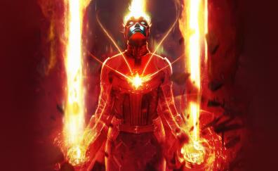 Captain Marvel on Red Fire, superhero, artwork