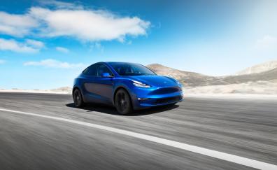 Tesla Model Y, blue compact SUV, 2019