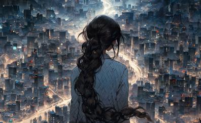 Watching the city at night, cityscape, long hair girl