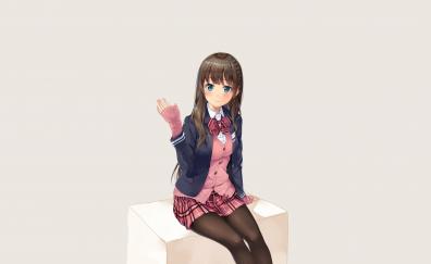 School uniform, anime girl, beautiful, blue eyes, sit, original