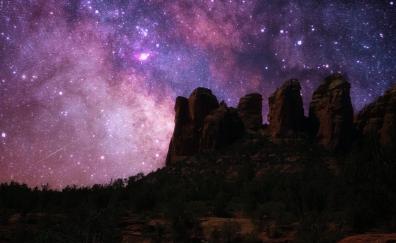 Starry sky, rocky mountains, silhouette, nature