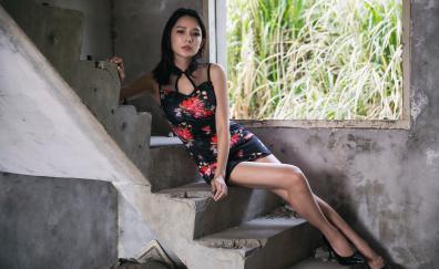 Beautiful, Asian woman, sit, stairs