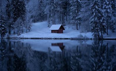 Winter, lake, house, evening, nature