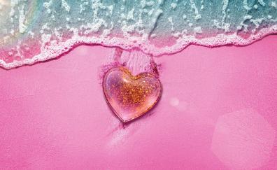 Beach, pink surface, heart, aerial view