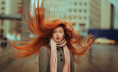 Redhead, hair in air, gorgeous, girl model