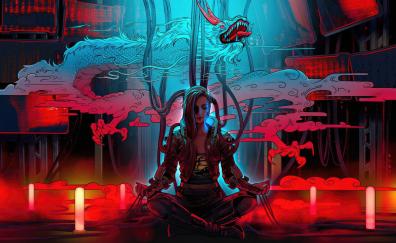 Cyberpunk 2077, girl cyborg, recharging self, meditation