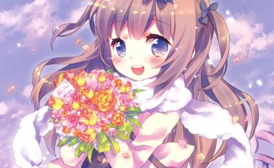 Anime girl, cute, flowers, bouquet