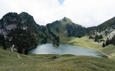 Mountain, upside lake, sunny day, nature