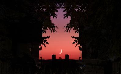 Sunset, moon, minimal, silhouette