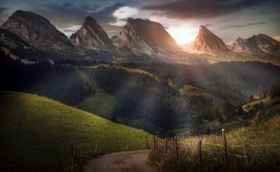 Road, swiss mountains, nature, sunbeams, forest