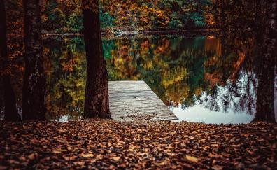 Pier, lake, fall, leaves, autumn, lake, reflections
