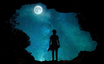 Night, sky, moon, relaxed, outdoor, kid