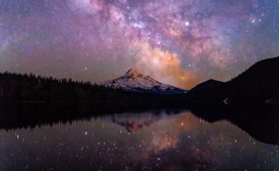 Night, starry sky, mountain peak, reflections