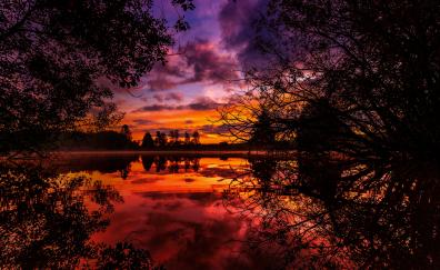 Sunrise, clouds, lake, trees, reflections