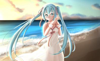 Outdoor, seashore, Hatsune Miku, anime girl