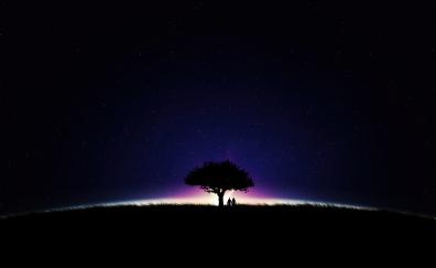 Couple, romantic nigth, lone tree and couple, silhouette