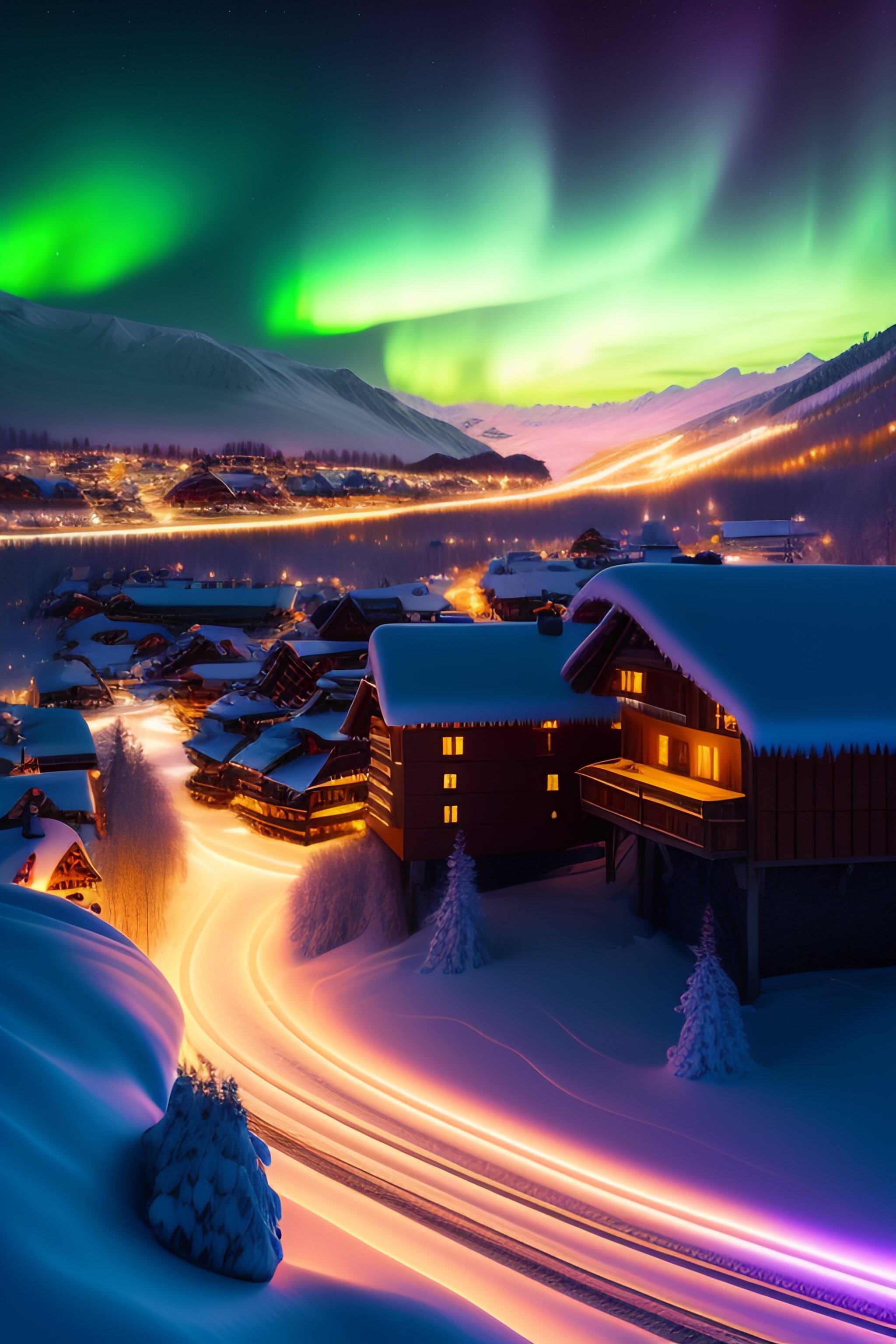 Download northern lights, city, night, ai art 2048x3072 hd wallpaper