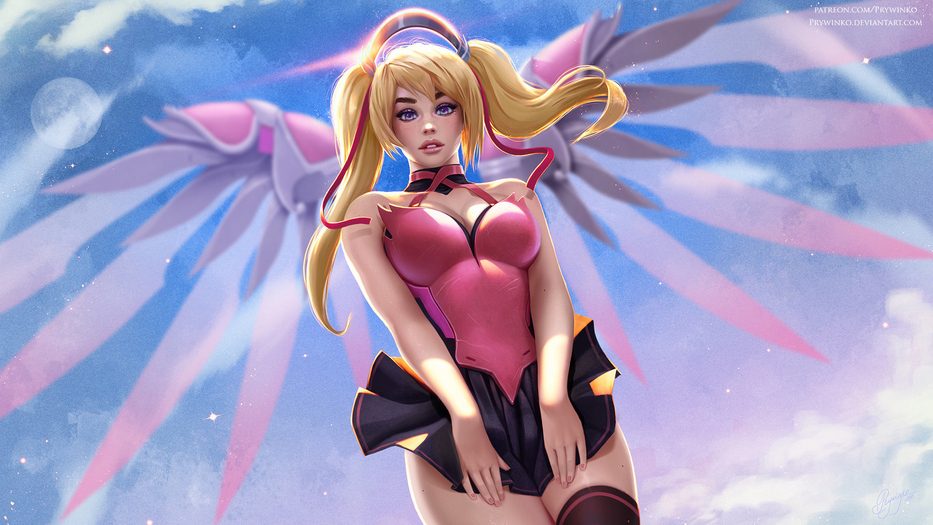 Download hot, pink wings, mercy, overwatch, art 1920x1080 hd wallpaper